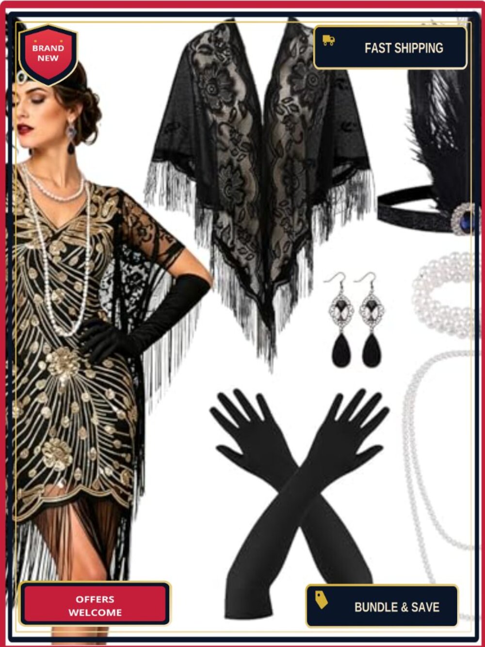 1920s Flapper Accessory Set 6 Pc Feather Headband Pearl Jewelry Gloves